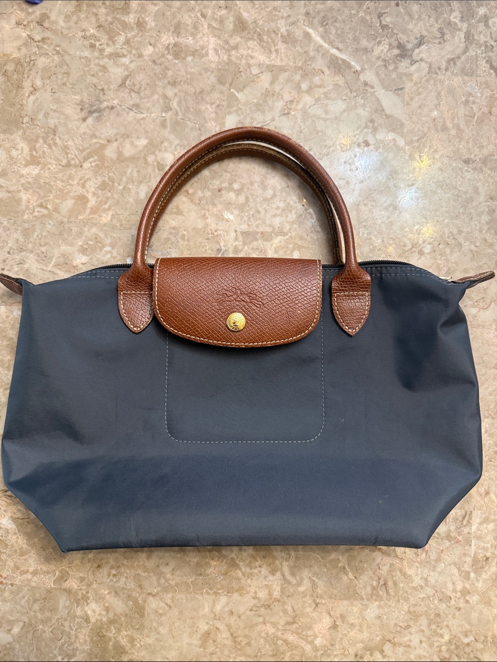 Longchamp Navy Tote with Brown Leather Trim